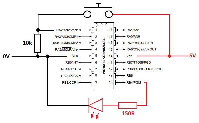 Flashing LED 16F628A Circuit Diagram
