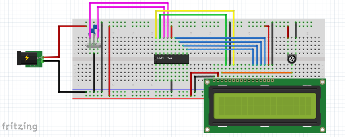 16F628A on breadboard to Character LCD 4-bit Operation
